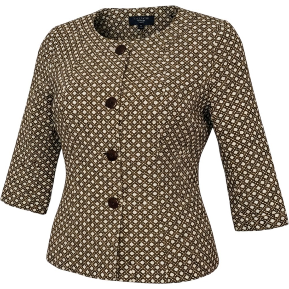 Talbots‎ Brown Cream Cane Weave Cotton Button Front 3/4 Sleeve Jacket 511